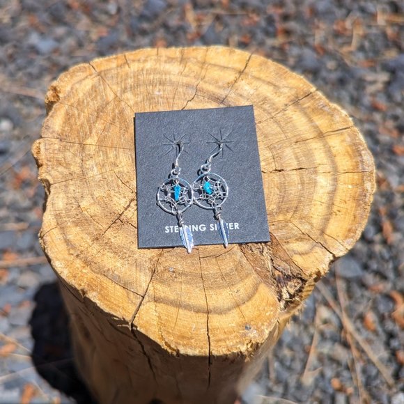 Navajo Mini Dreamcatcher Leaf Dangle Earrings Turquoise Native Am Jewelry*** - Picture 3 of 9